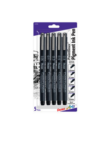 Pentel Arts Pointliner Pen 5 Assorted Sizes Pack Black Ink